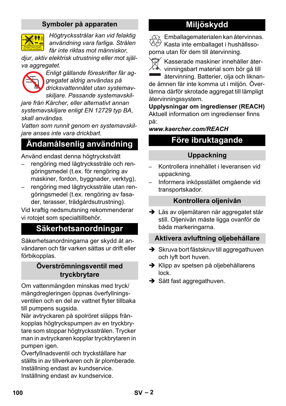 Ändamålsenlig användning säkerhetsanordningar, Miljöskydd före ibruktagande | Karcher HD 13-18 S Plus User Manual | Page 100 / 300