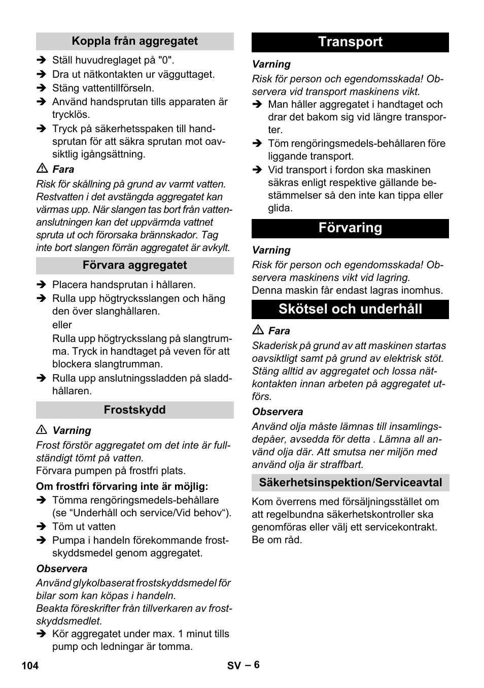 Transport förvaring skötsel och underhåll | Karcher HD 13-18 S Plus User Manual | Page 104 / 300