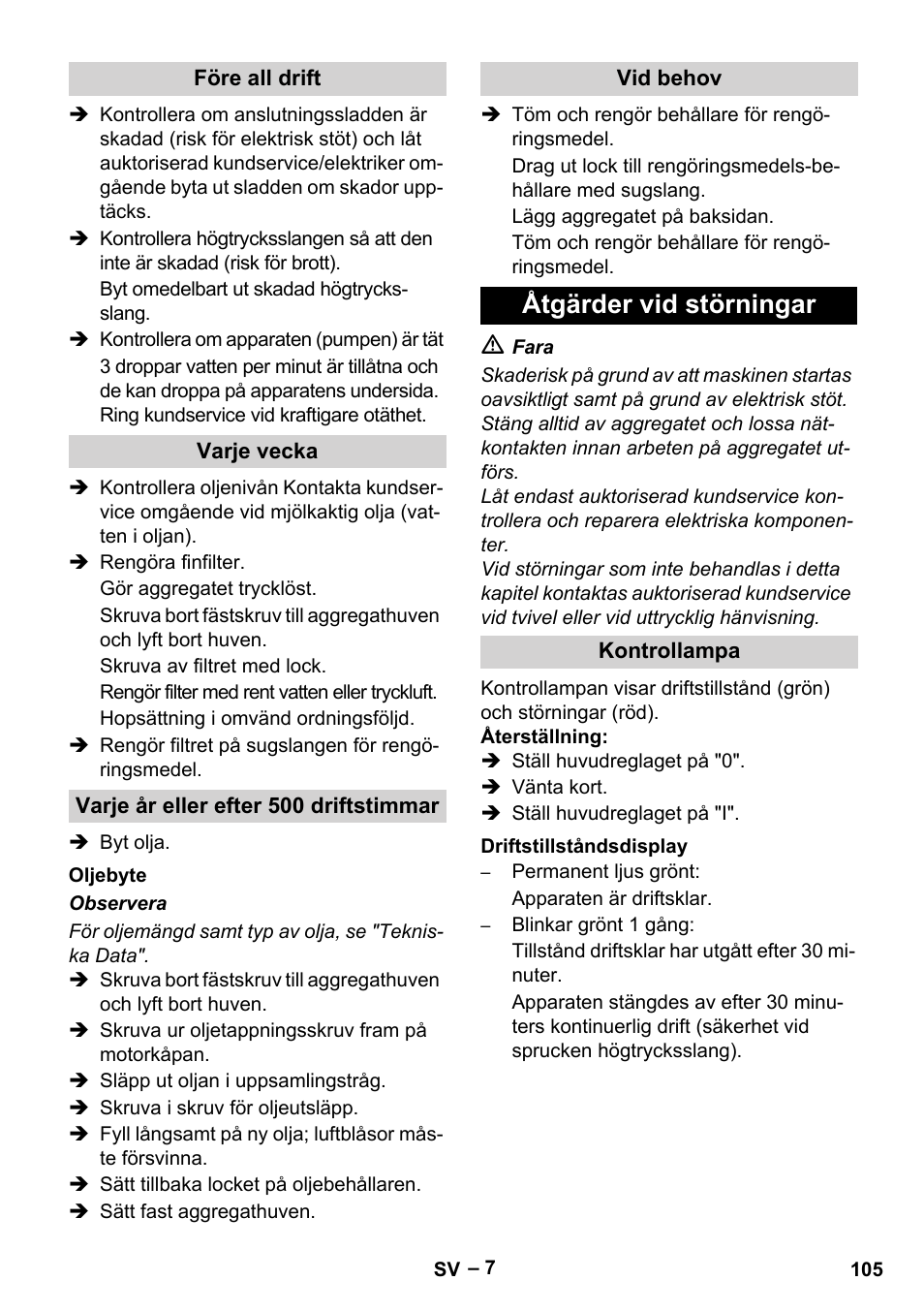 Åtgärder vid störningar | Karcher HD 13-18 S Plus User Manual | Page 105 / 300