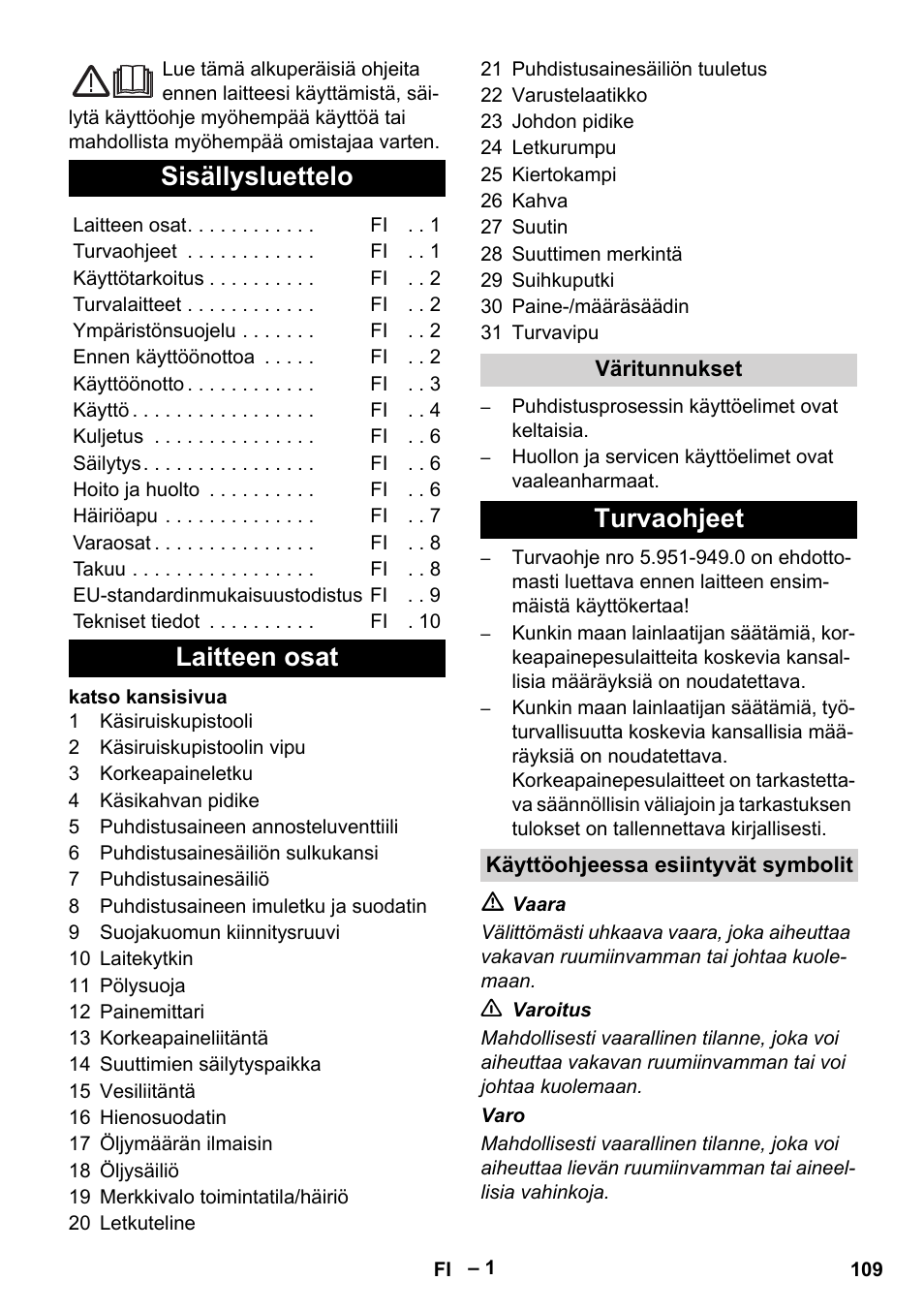 Suomi, Sisällysluettelo, Laitteen osat | Turvaohjeet | Karcher HD 13-18 S Plus User Manual | Page 109 / 300