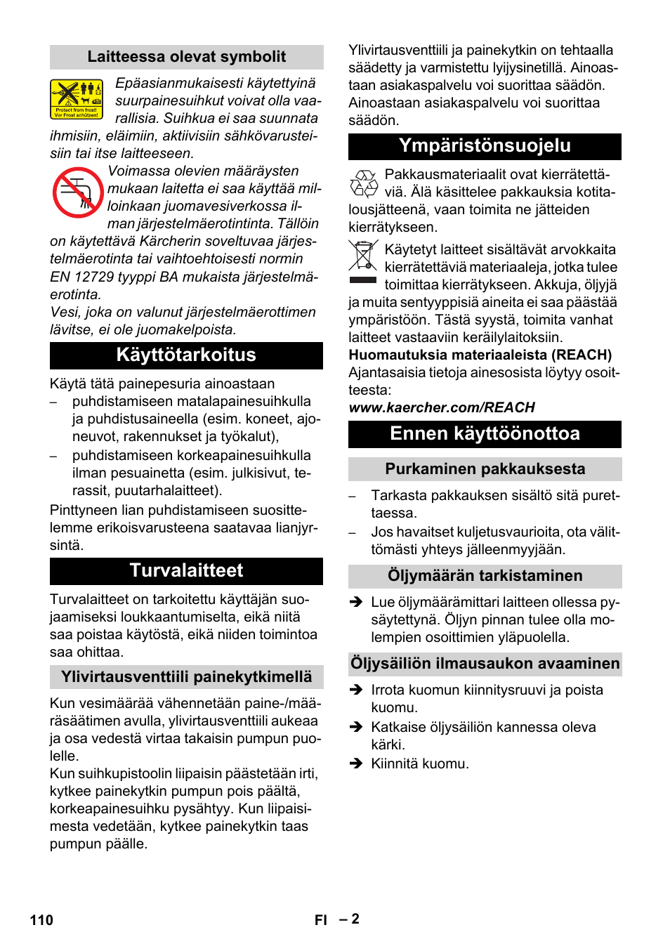 Käyttötarkoitus turvalaitteet, Ympäristönsuojelu ennen käyttöönottoa | Karcher HD 13-18 S Plus User Manual | Page 110 / 300