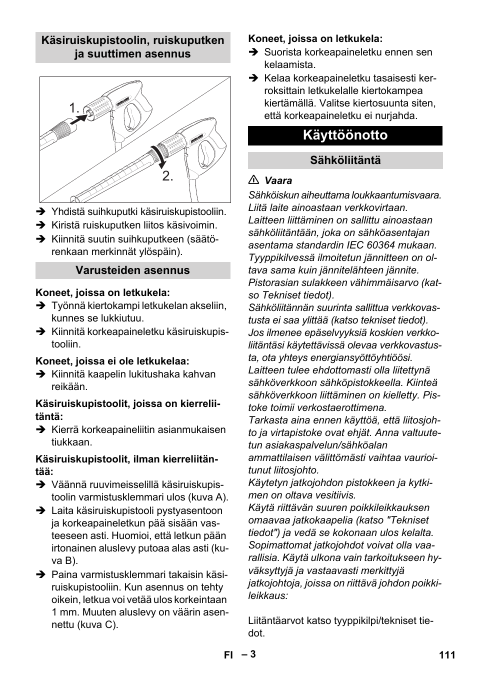 Käyttöönotto | Karcher HD 13-18 S Plus User Manual | Page 111 / 300