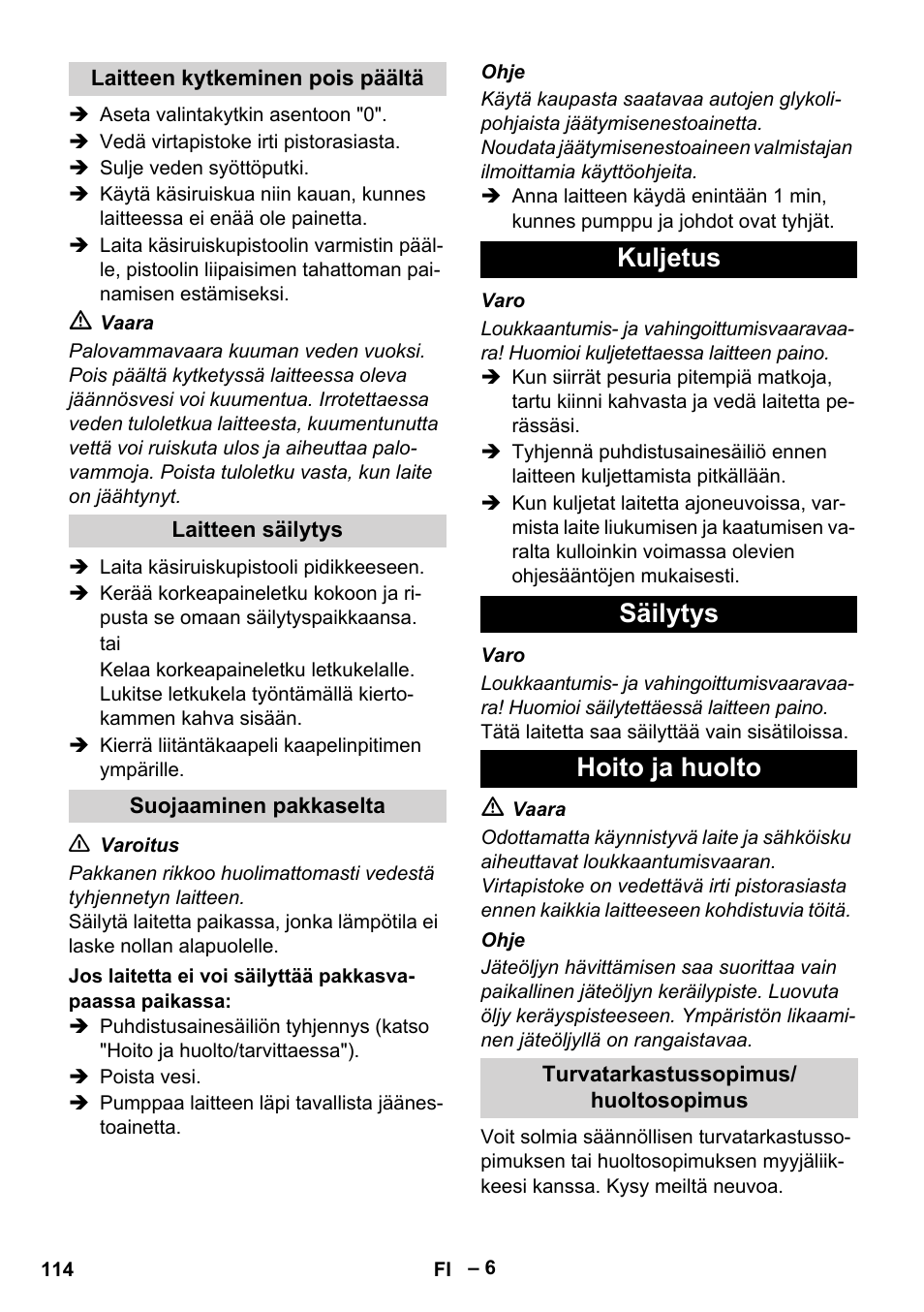 Kuljetus säilytys hoito ja huolto | Karcher HD 13-18 S Plus User Manual | Page 114 / 300