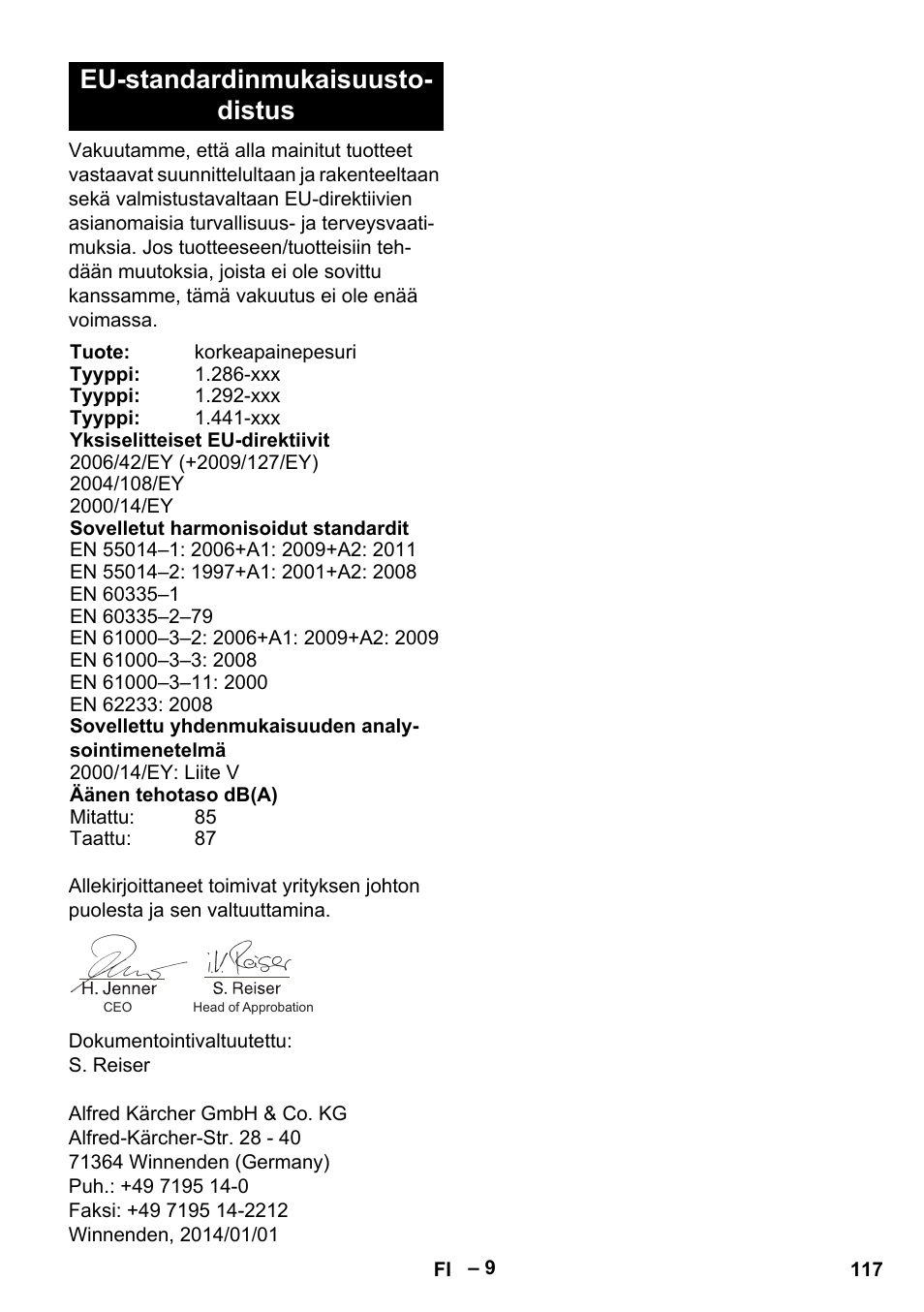 Eu-standardinmukaisuusto- distus | Karcher HD 13-18 S Plus User Manual | Page 117 / 300
