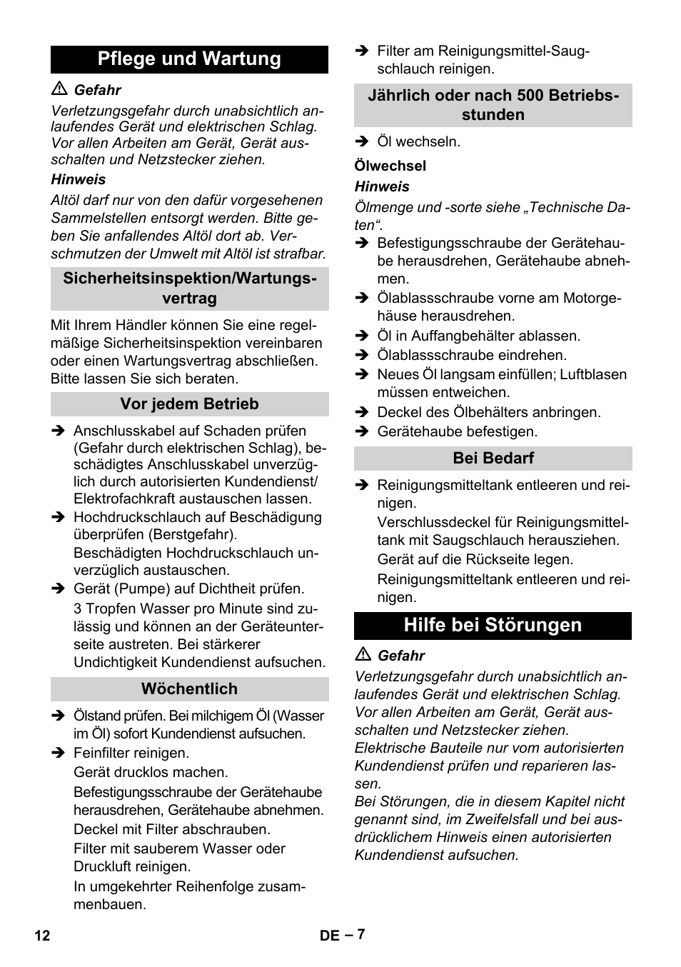 Pflege und wartung, Hilfe bei störungen | Karcher HD 13-18 S Plus User Manual | Page 12 / 300