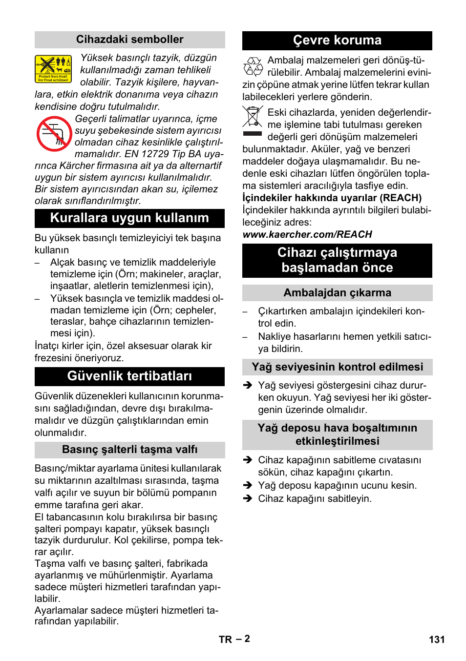 Kurallara uygun kullanım güvenlik tertibatları, Çevre koruma cihazı çalıştırmaya başlamadan önce | Karcher HD 13-18 S Plus User Manual | Page 131 / 300