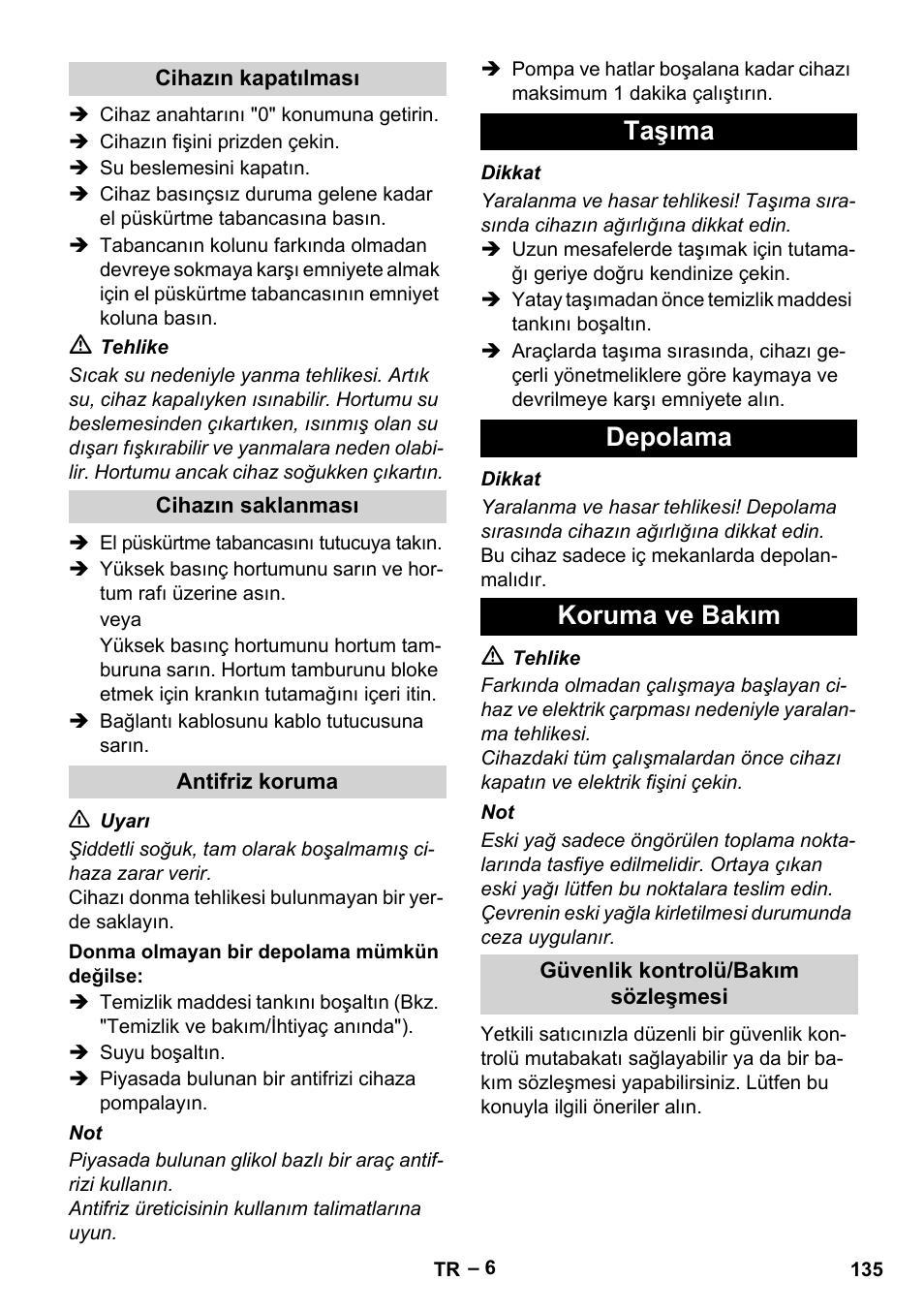 Taşıma depolama koruma ve bakım | Karcher HD 13-18 S Plus User Manual | Page 135 / 300