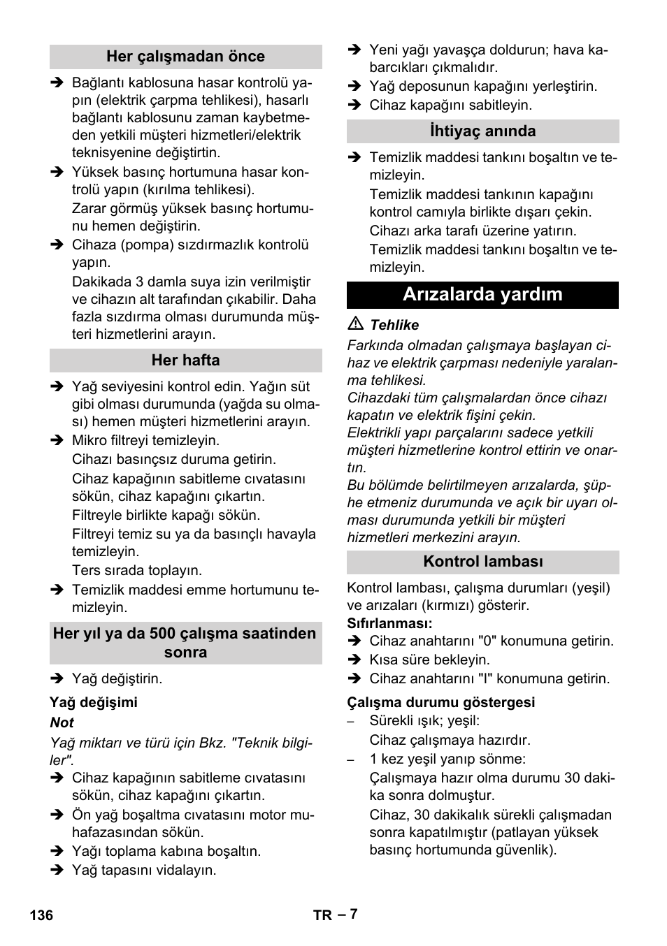 Arızalarda yardım | Karcher HD 13-18 S Plus User Manual | Page 136 / 300