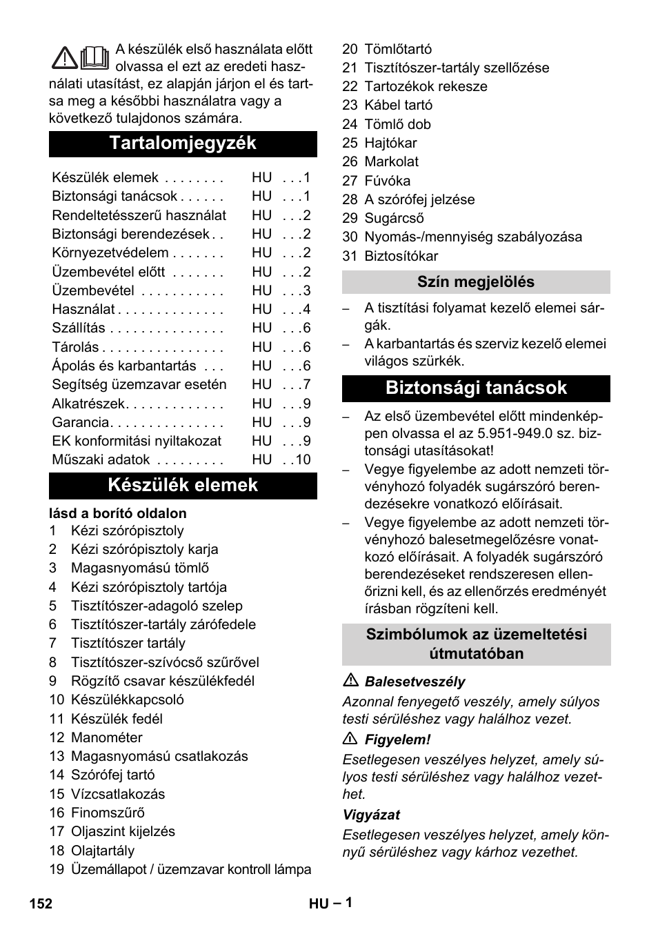 Magyar, Tartalomjegyzék, Készülék elemek | Biztonsági tanácsok | Karcher HD 13-18 S Plus User Manual | Page 152 / 300