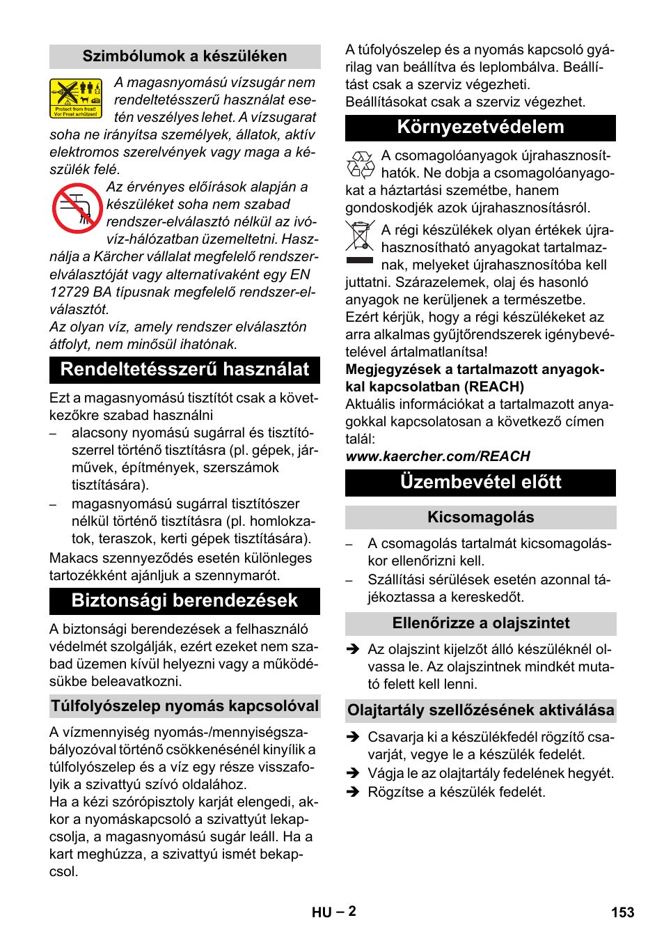 Rendeltetésszerű használat biztonsági berendezések, Környezetvédelem üzembevétel előtt | Karcher HD 13-18 S Plus User Manual | Page 153 / 300