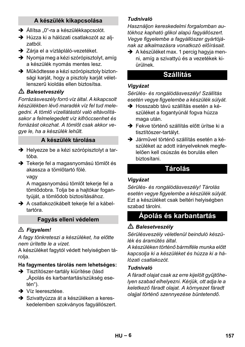 Szállítás tárolás ápolás és karbantartás | Karcher HD 13-18 S Plus User Manual | Page 157 / 300
