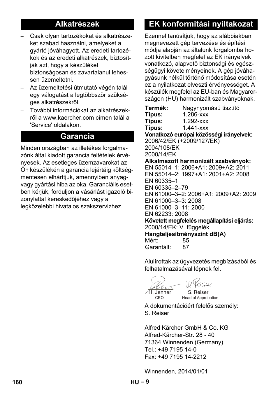 Alkatrészek garancia ek konformitási nyiltakozat | Karcher HD 13-18 S Plus User Manual | Page 160 / 300