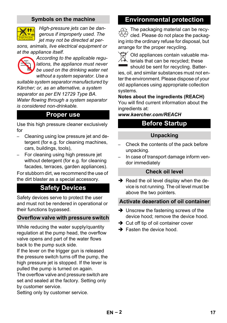 Proper use safety devices, Environmental protection before startup | Karcher HD 13-18 S Plus User Manual | Page 17 / 300