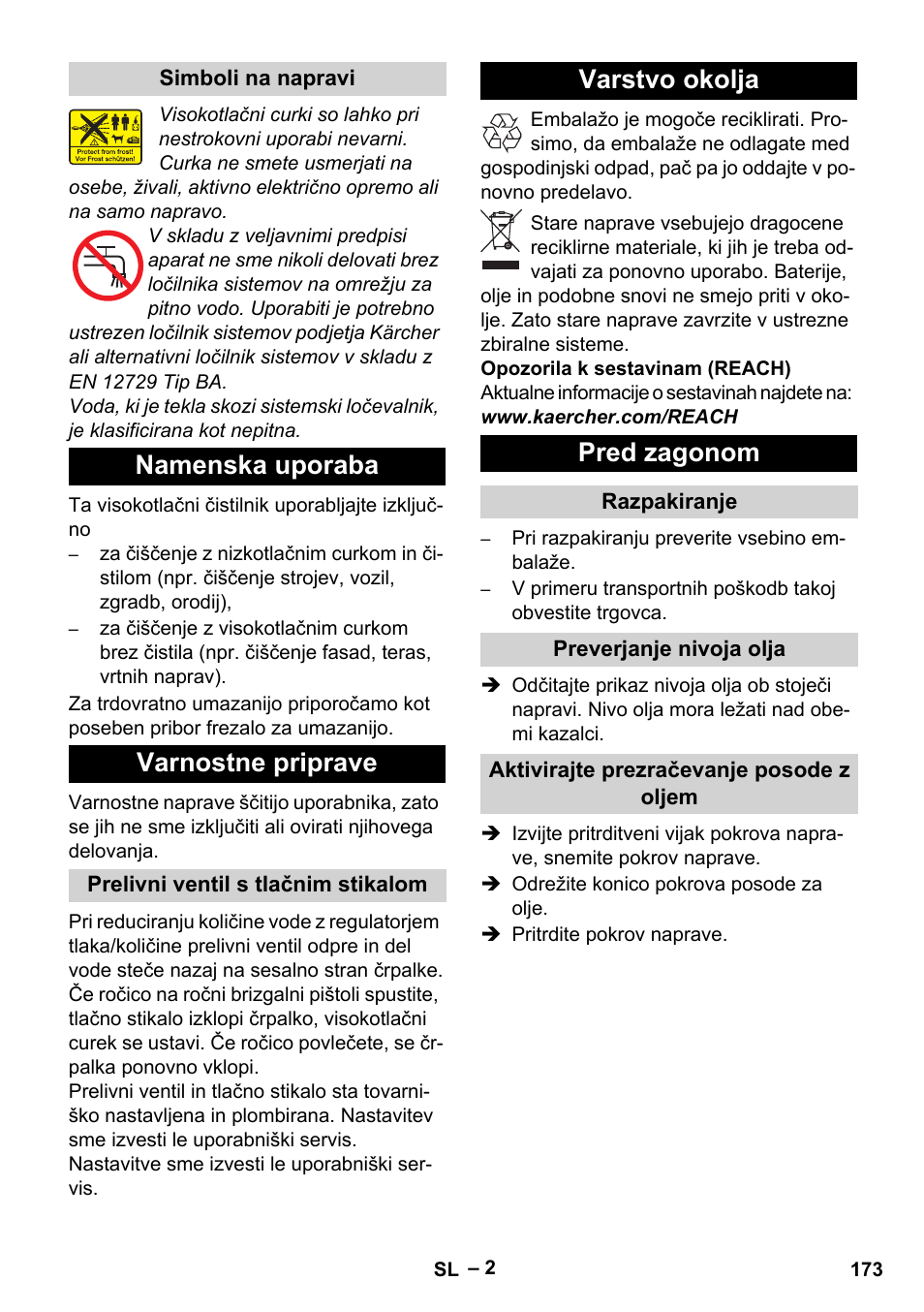 Namenska uporaba varnostne priprave, Varstvo okolja pred zagonom | Karcher HD 13-18 S Plus User Manual | Page 173 / 300