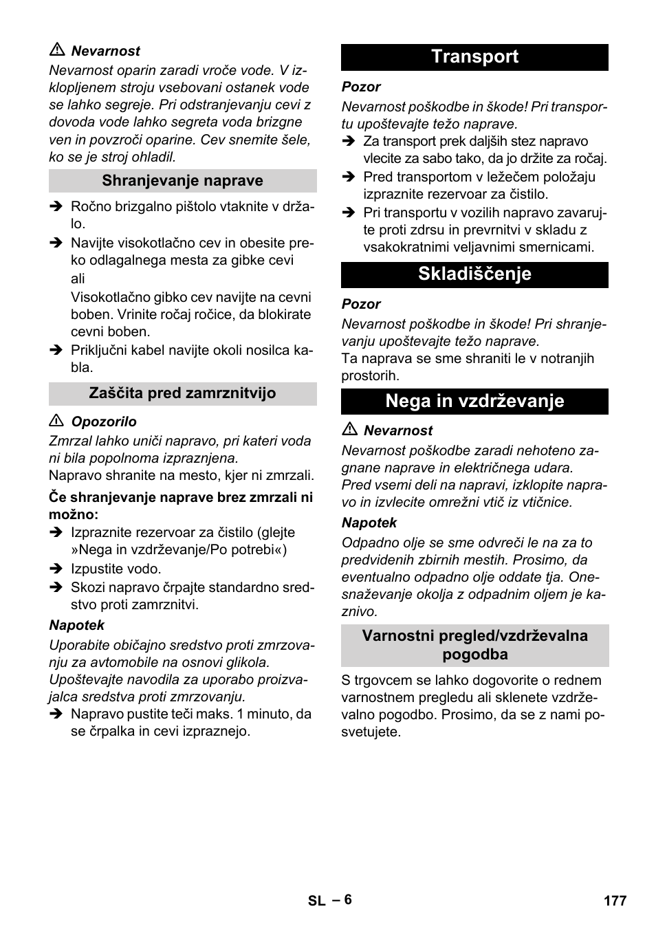 Transport skladiščenje nega in vzdrževanje | Karcher HD 13-18 S Plus User Manual | Page 177 / 300