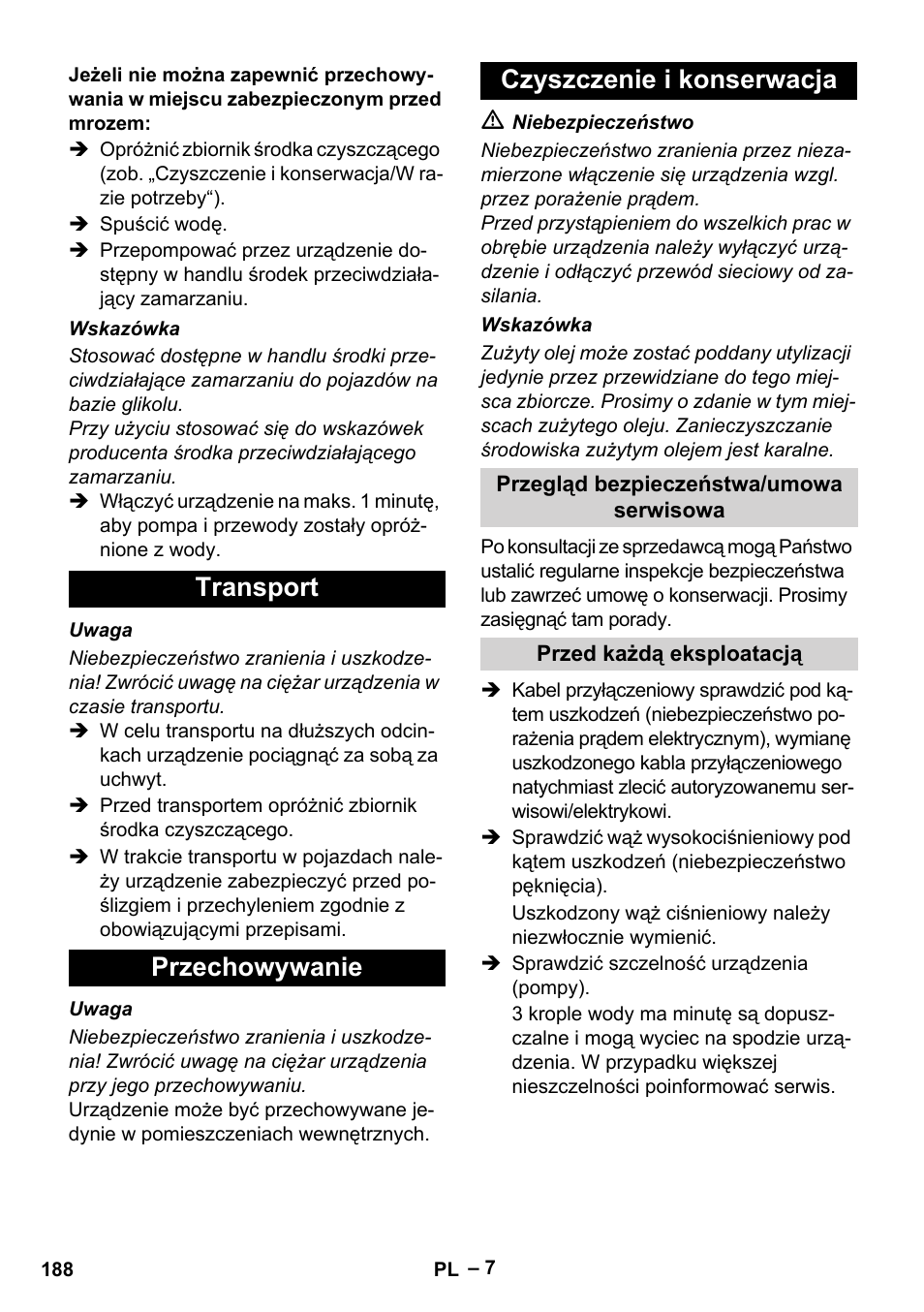 Transport przechowywanie czyszczenie i konserwacja | Karcher HD 13-18 S Plus User Manual | Page 188 / 300