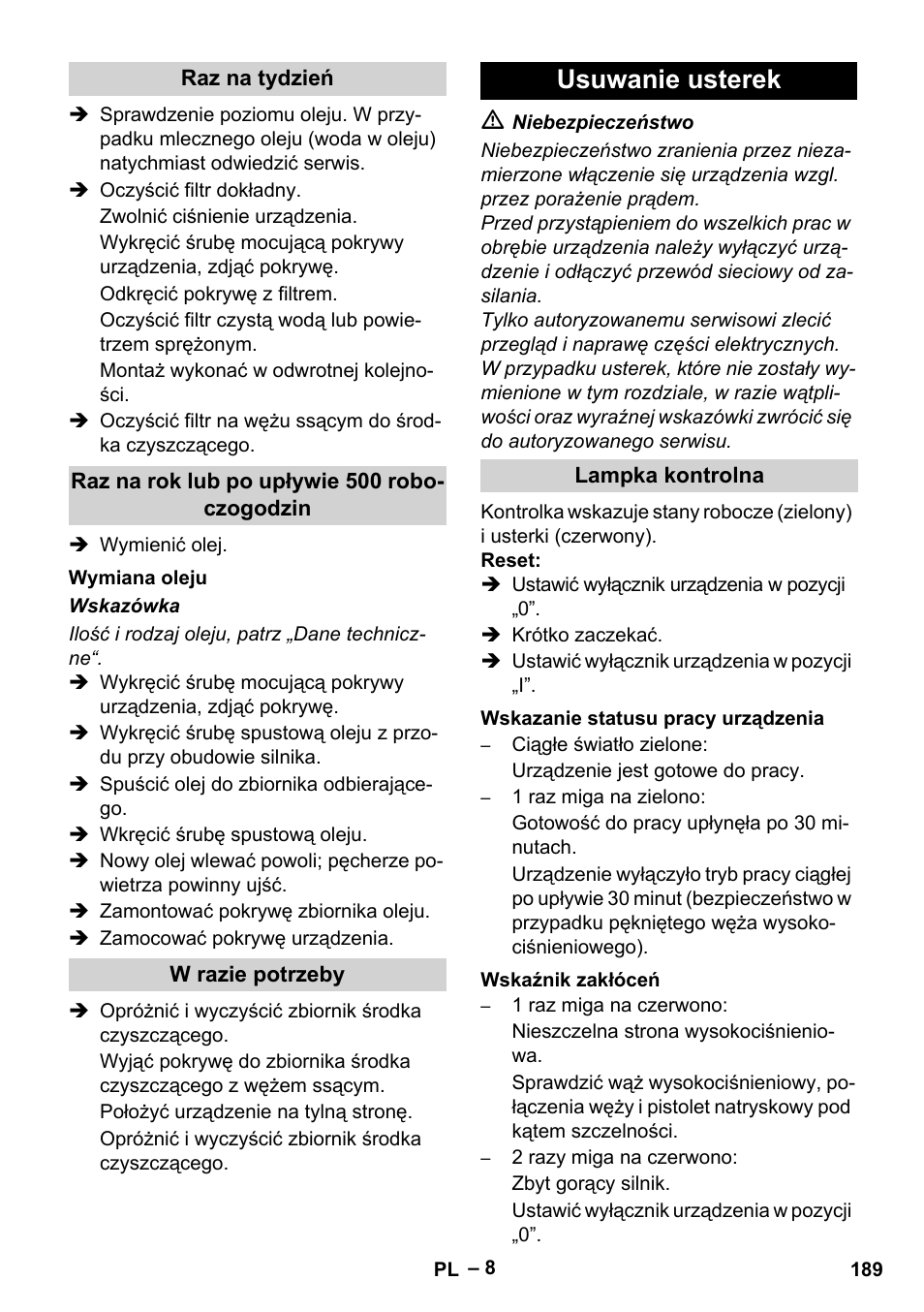 Usuwanie usterek | Karcher HD 13-18 S Plus User Manual | Page 189 / 300