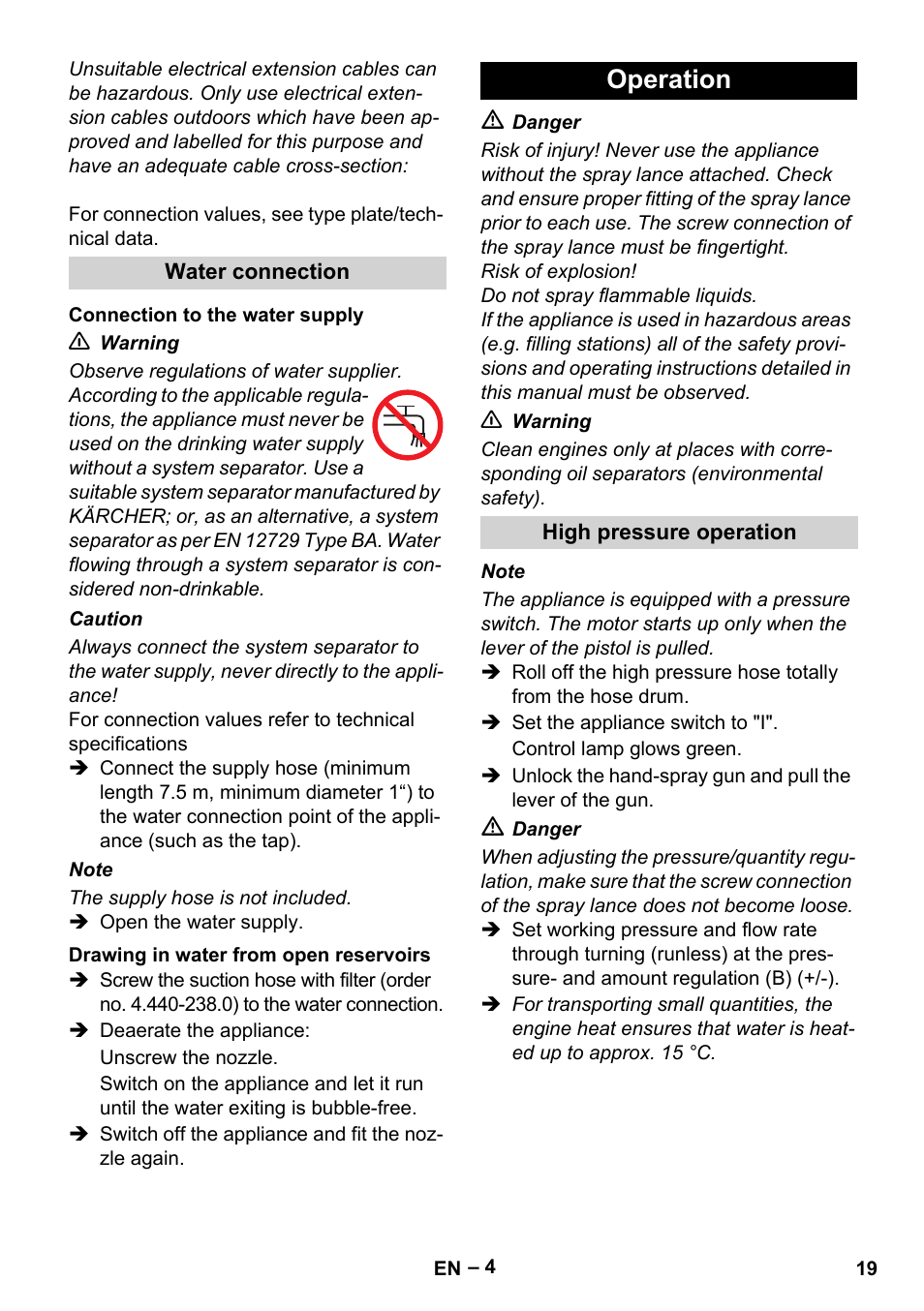 Operation | Karcher HD 13-18 S Plus User Manual | Page 19 / 300