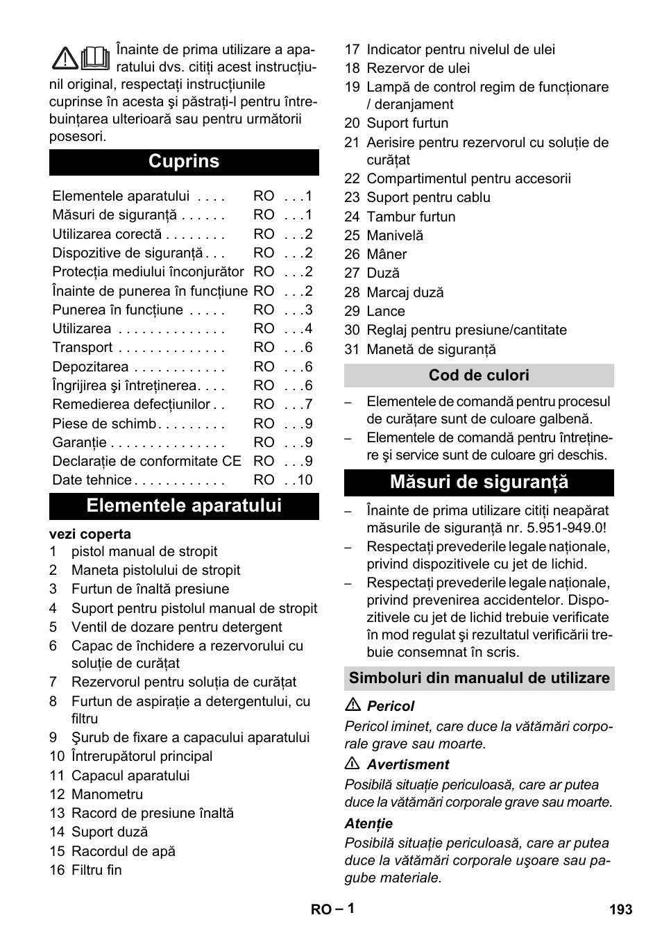 Româneşte, Cuprins, Elementele aparatului | Măsuri de siguranţă | Karcher HD 13-18 S Plus User Manual | Page 193 / 300