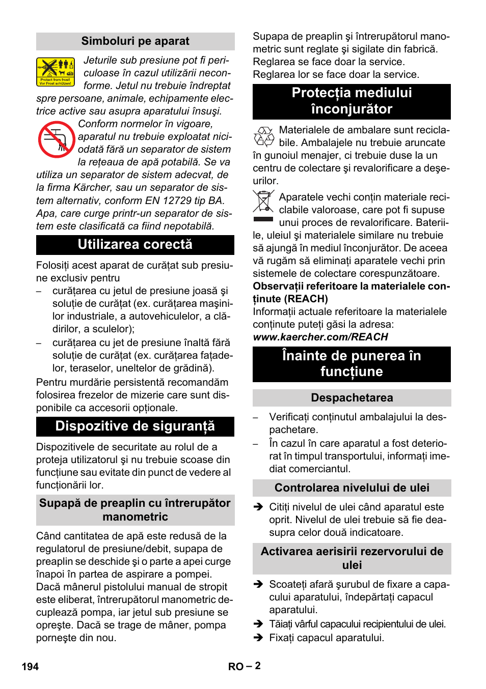 Utilizarea corectă dispozitive de siguranţă | Karcher HD 13-18 S Plus User Manual | Page 194 / 300