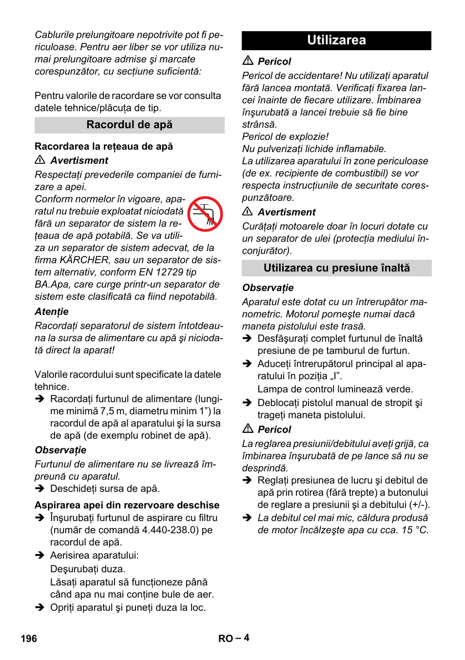 Utilizarea | Karcher HD 13-18 S Plus User Manual | Page 196 / 300