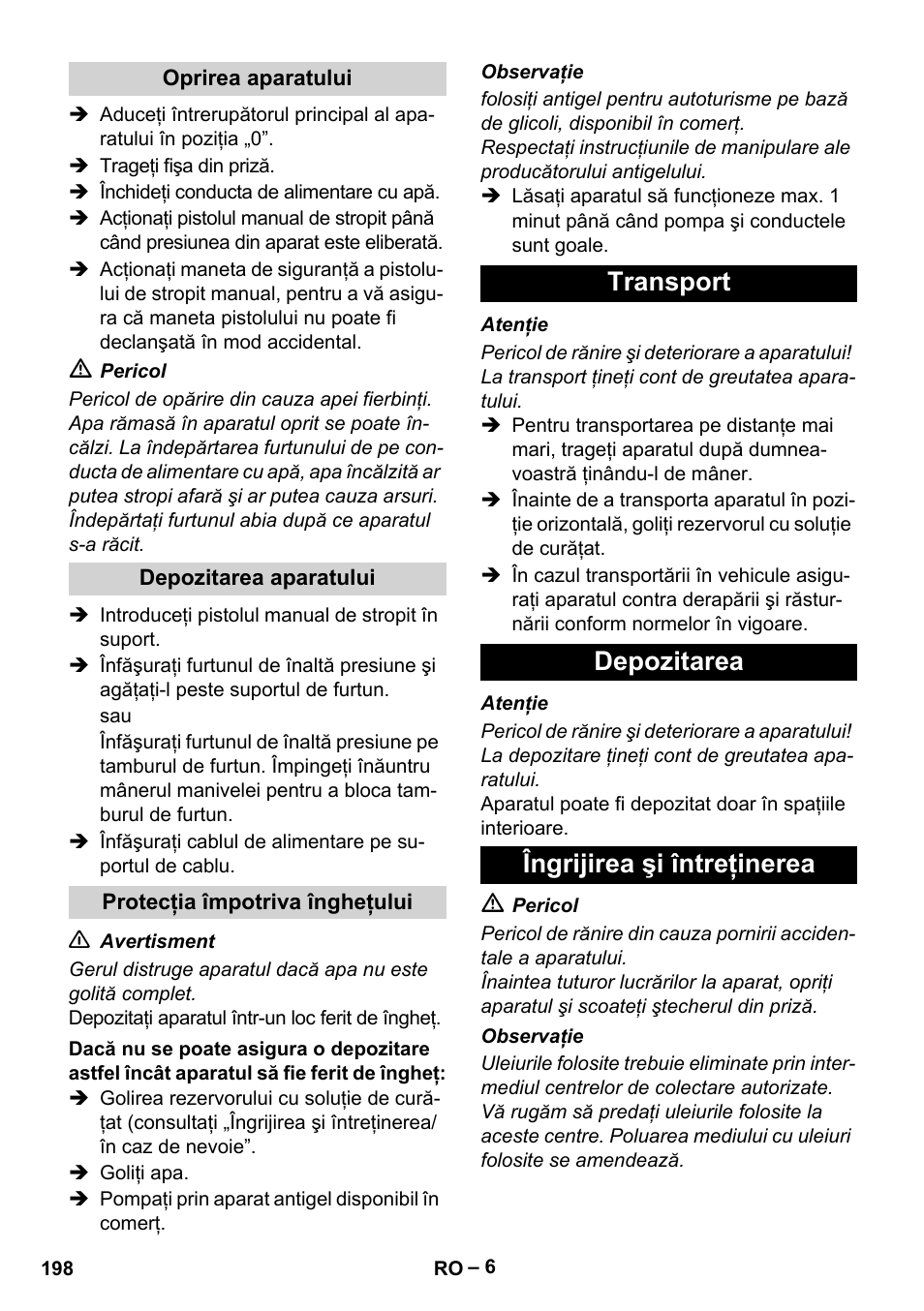 Transport depozitarea îngrijirea şi întreţinerea | Karcher HD 13-18 S Plus User Manual | Page 198 / 300