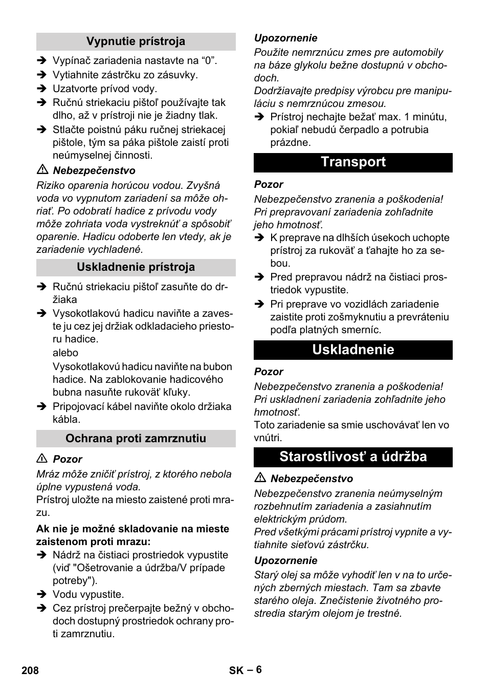 Transport uskladnenie starostlivosť a údržba | Karcher HD 13-18 S Plus User Manual | Page 208 / 300