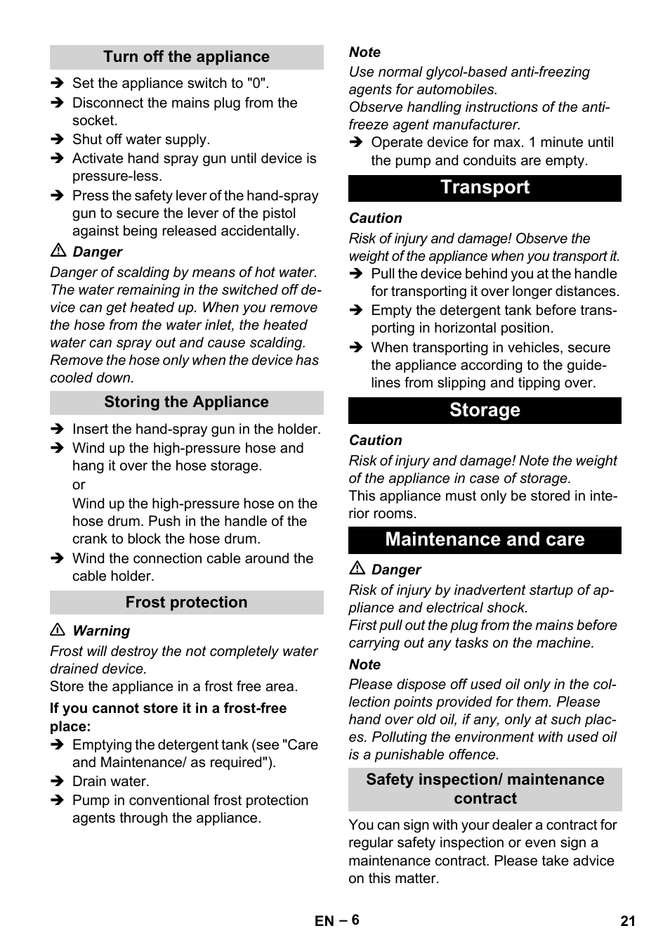 Transport storage maintenance and care | Karcher HD 13-18 S Plus User Manual | Page 21 / 300