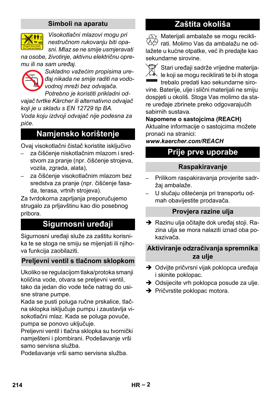 Namjensko korištenje sigurnosni uređaji, Zaštita okoliša prije prve uporabe | Karcher HD 13-18 S Plus User Manual | Page 214 / 300