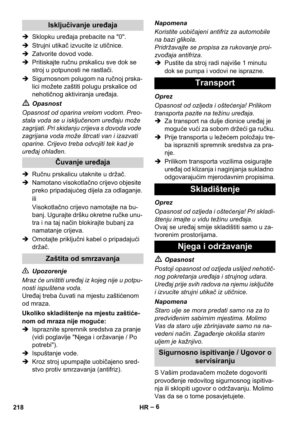 Transport skladištenje njega i održavanje | Karcher HD 13-18 S Plus User Manual | Page 218 / 300