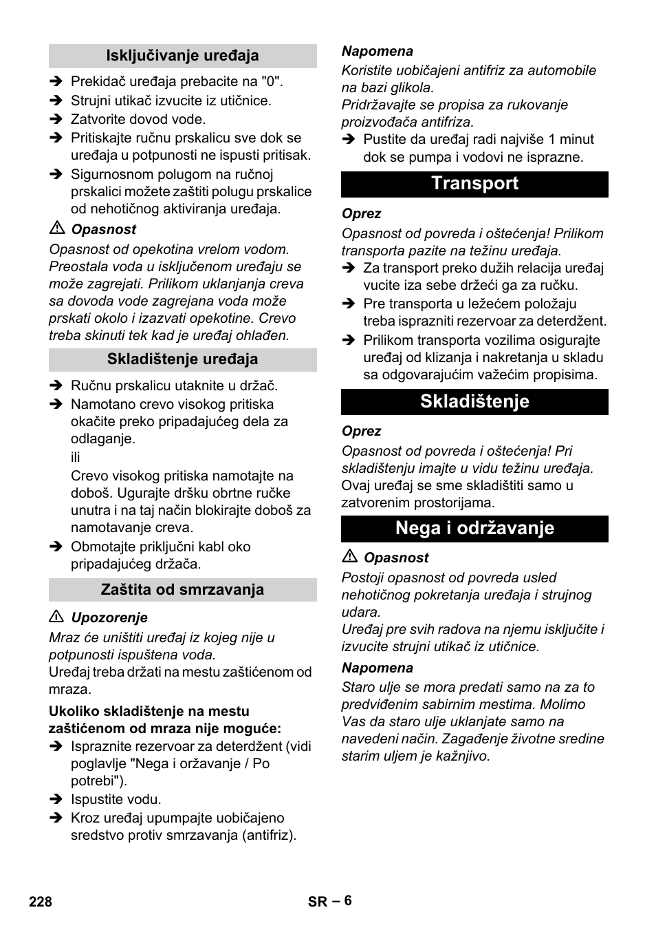 Transport skladištenje nega i održavanje | Karcher HD 13-18 S Plus User Manual | Page 228 / 300