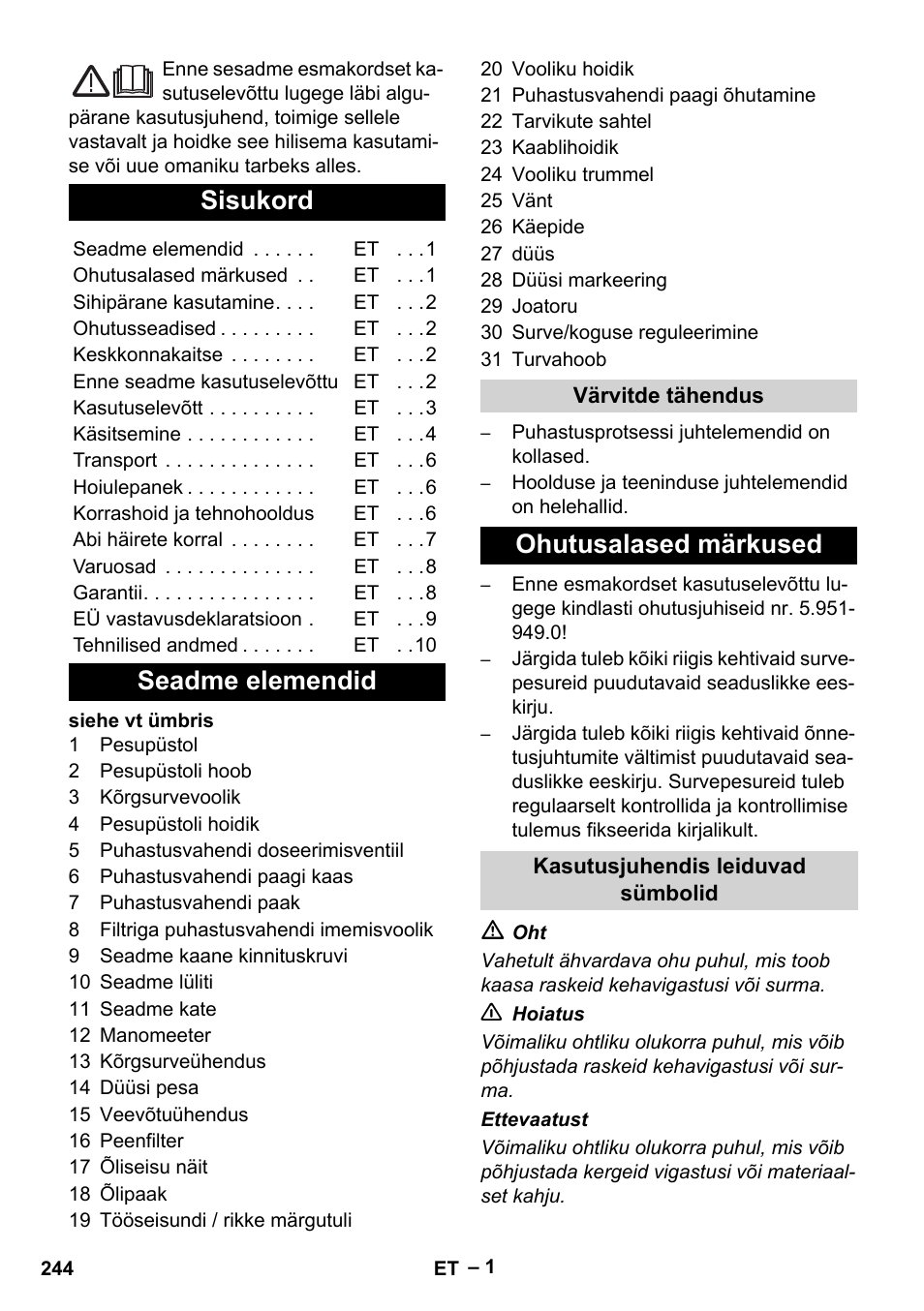 Eesti, Sisukord, Seadme elemendid | Ohutusalased märkused | Karcher HD 13-18 S Plus User Manual | Page 244 / 300