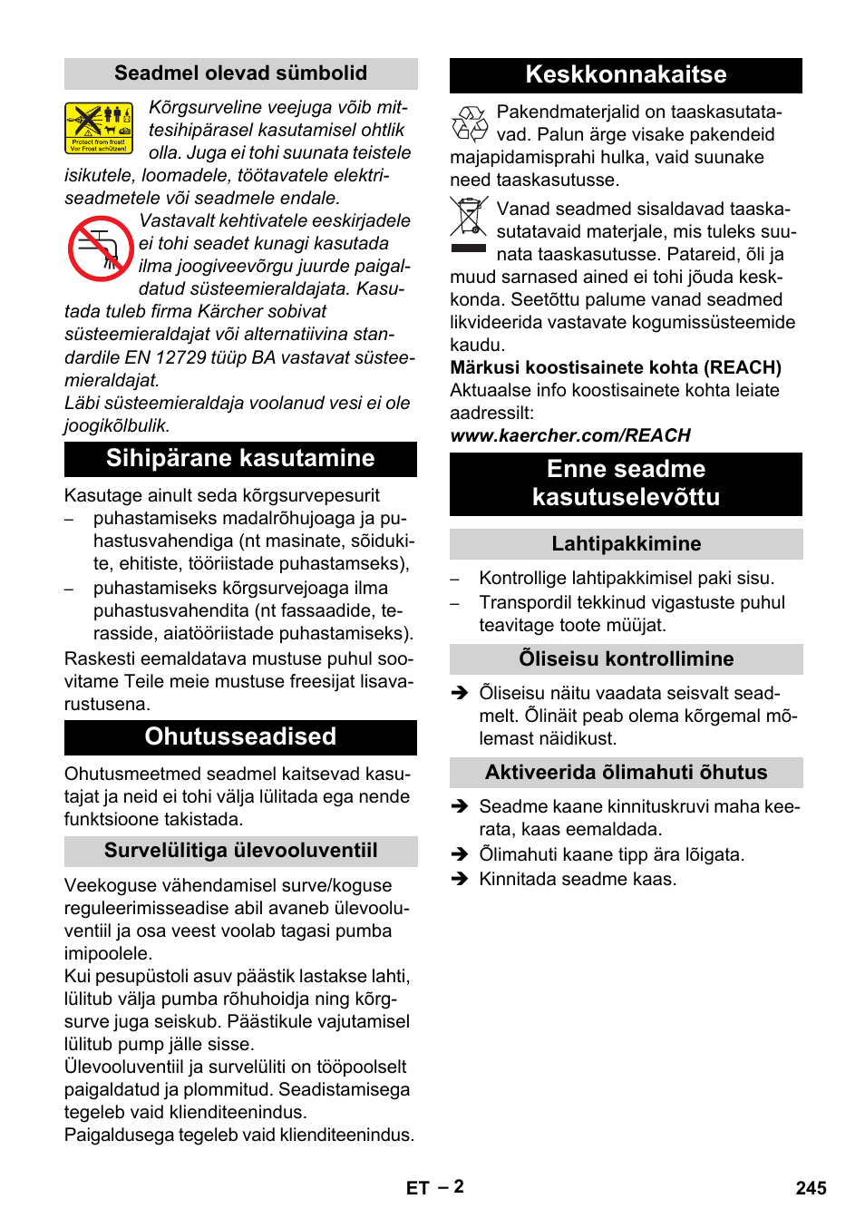 Sihipärane kasutamine ohutusseadised, Keskkonnakaitse enne seadme kasutuselevõttu | Karcher HD 13-18 S Plus User Manual | Page 245 / 300