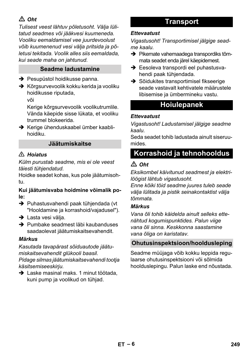 Transport hoiulepanek korrashoid ja tehnohooldus | Karcher HD 13-18 S Plus User Manual | Page 249 / 300