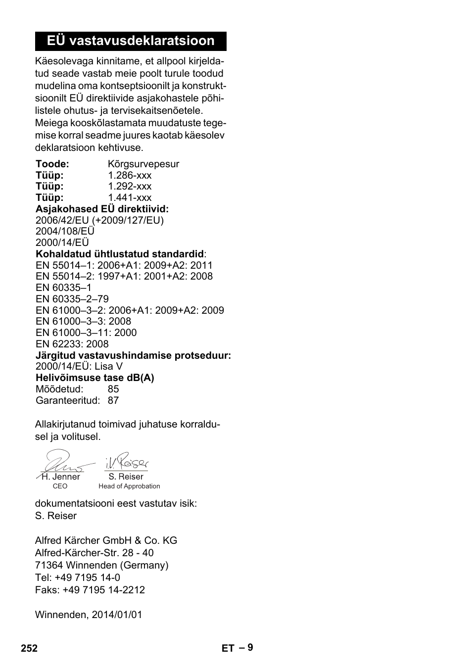 Eü vastavusdeklaratsioon | Karcher HD 13-18 S Plus User Manual | Page 252 / 300