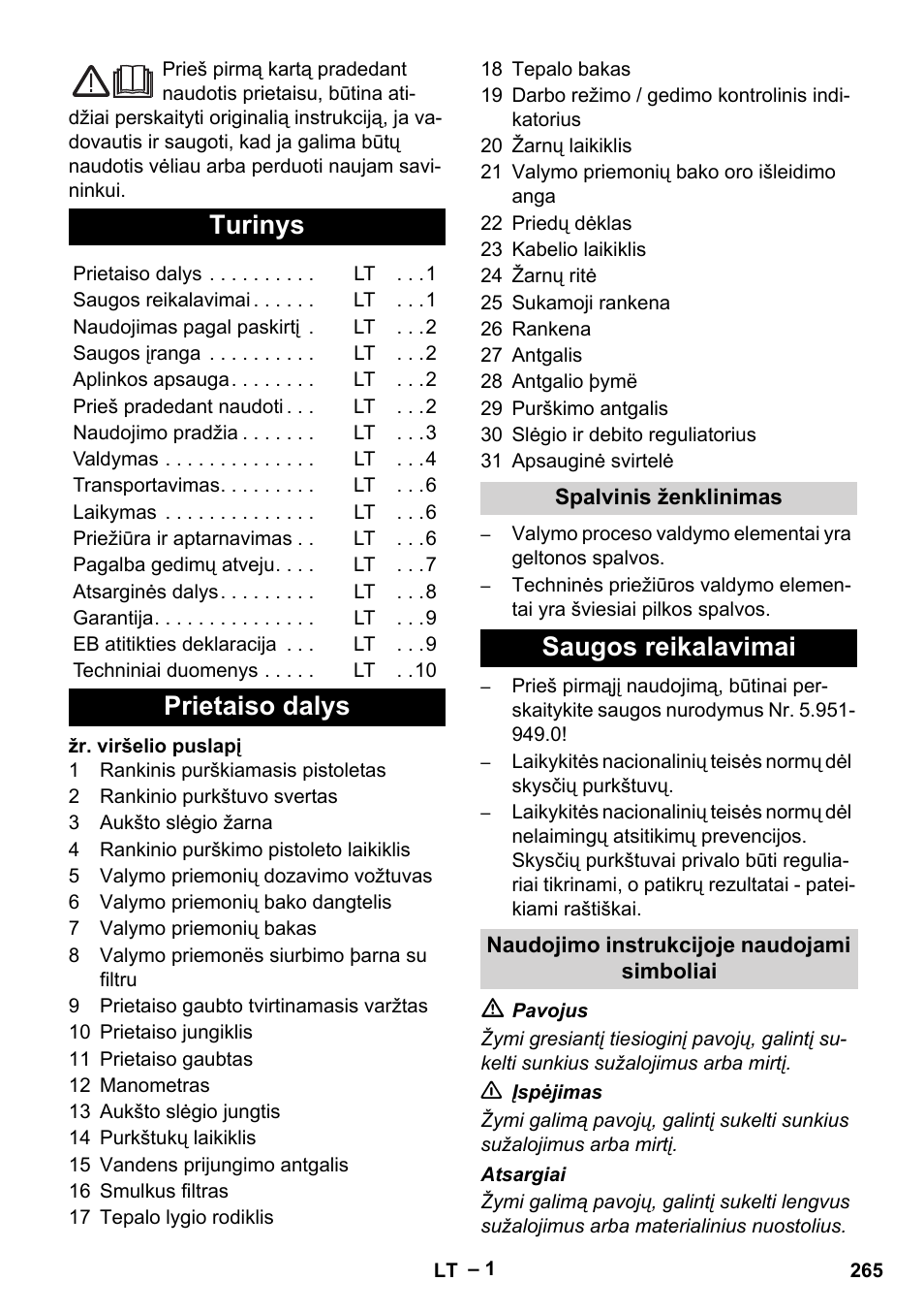 Lietuviškai, Turinys, Prietaiso dalys | Saugos reikalavimai | Karcher HD 13-18 S Plus User Manual | Page 265 / 300