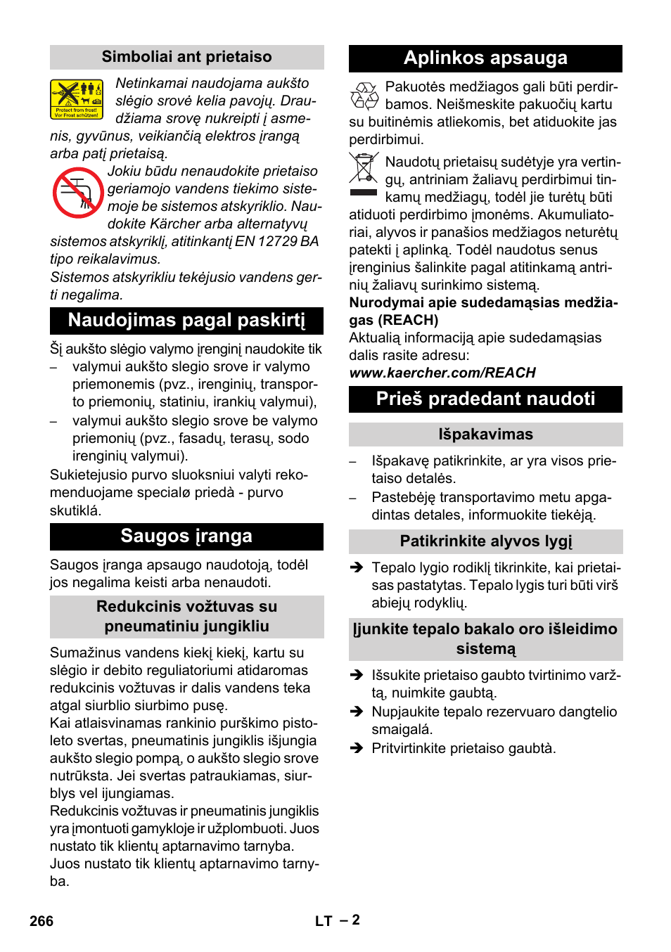 Naudojimas pagal paskirtį saugos įranga, Aplinkos apsauga prieš pradedant naudoti | Karcher HD 13-18 S Plus User Manual | Page 266 / 300