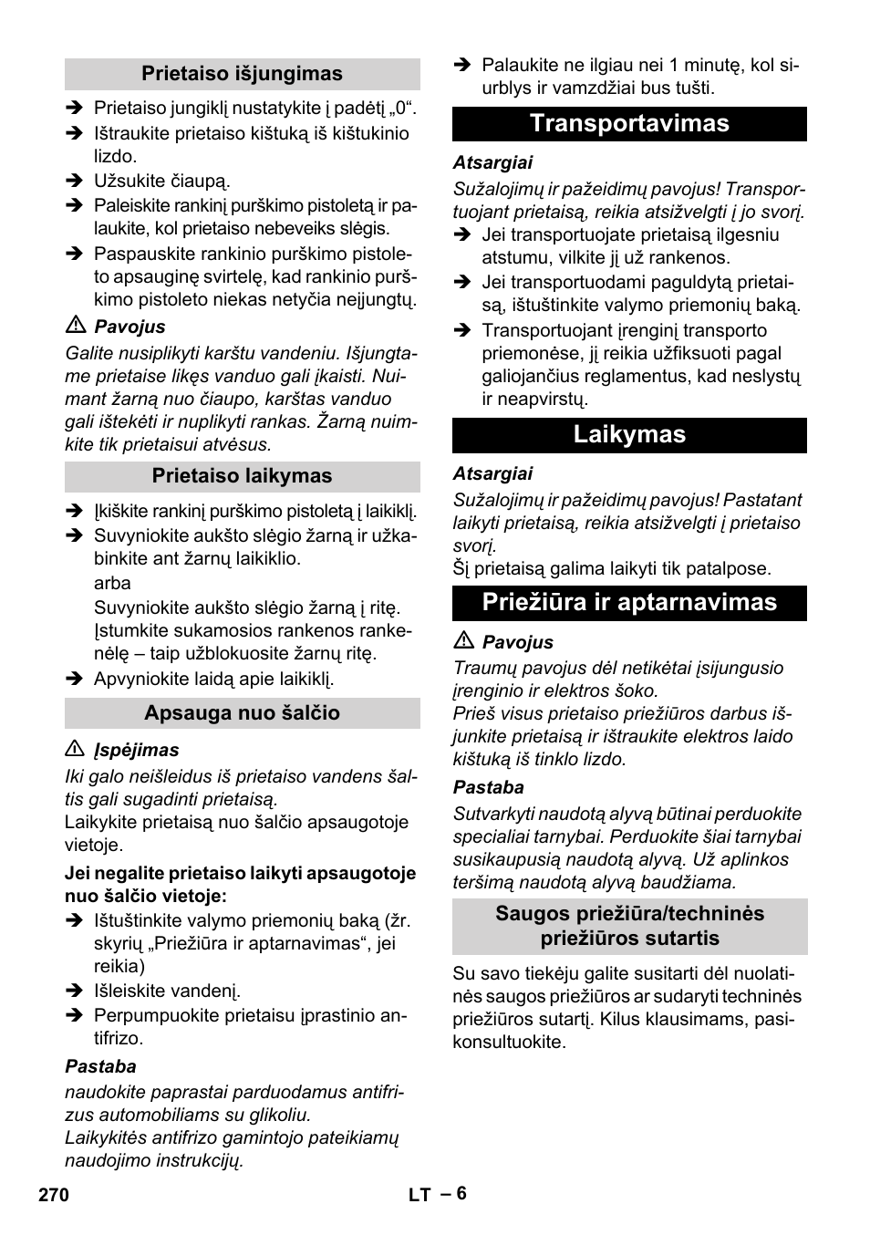 Transportavimas laikymas priežiūra ir aptarnavimas | Karcher HD 13-18 S Plus User Manual | Page 270 / 300