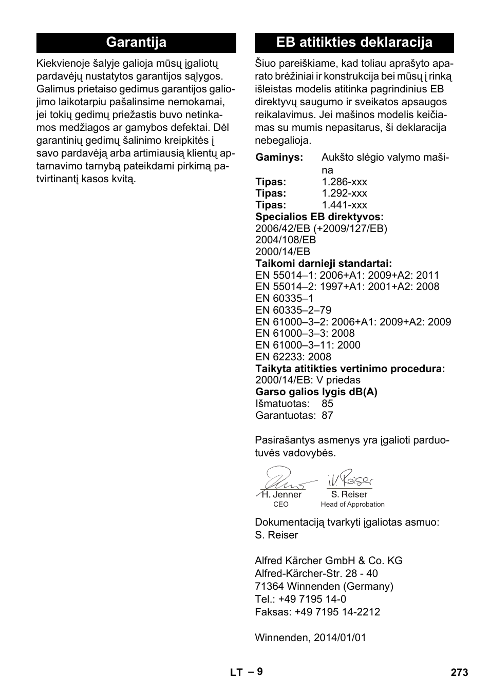 Garantija eb atitikties deklaracija | Karcher HD 13-18 S Plus User Manual | Page 273 / 300