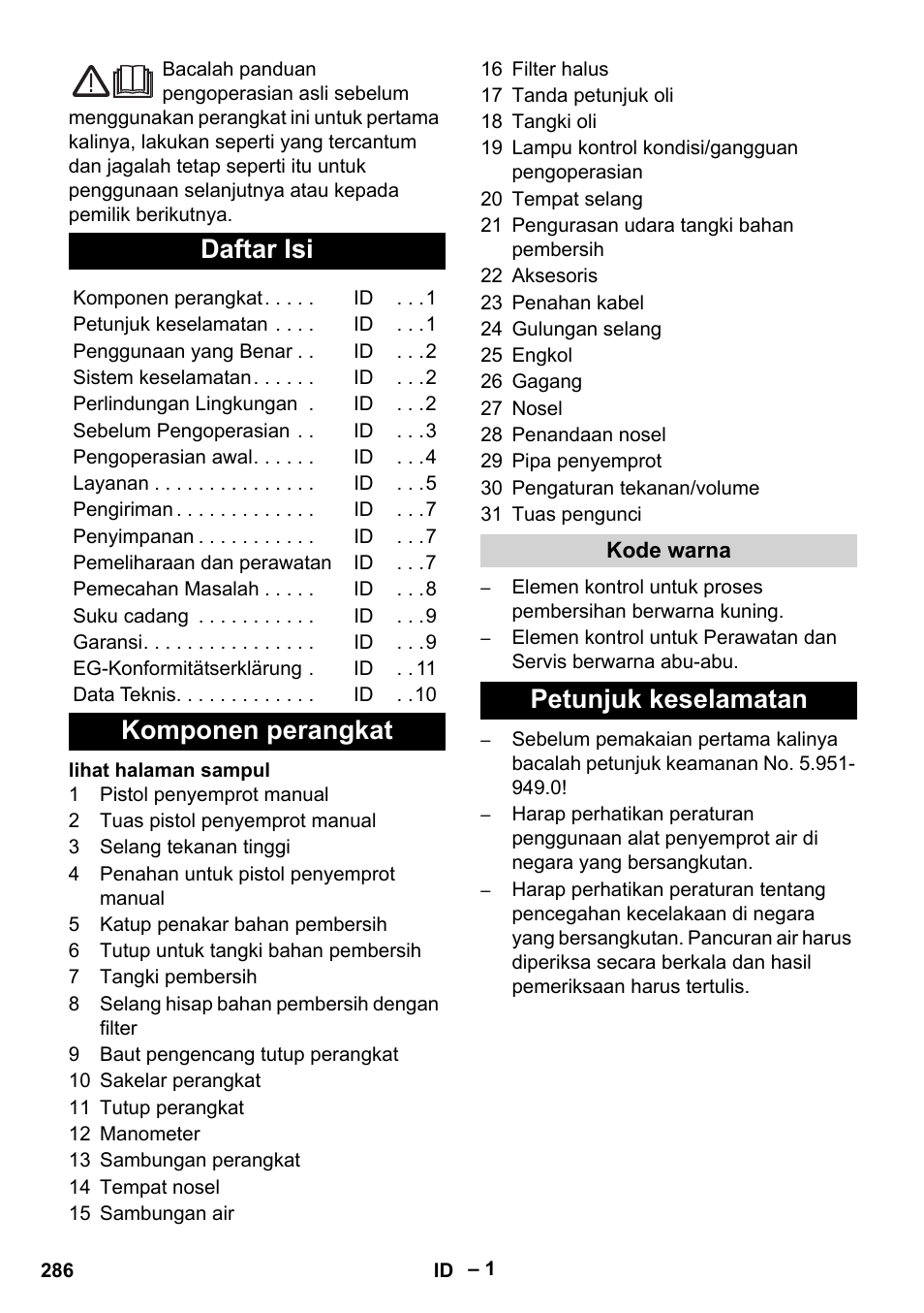 Indonesia, Daftar isi, Komponen perangkat | Petunjuk keselamatan | Karcher HD 13-18 S Plus User Manual | Page 286 / 300