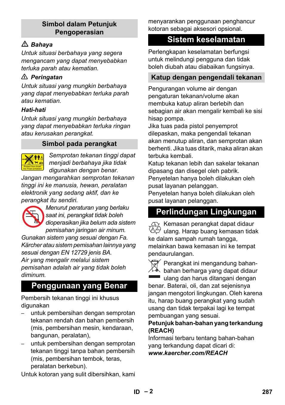 Penggunaan yang benar sistem keselamatan, Perlindungan lingkungan | Karcher HD 13-18 S Plus User Manual | Page 287 / 300