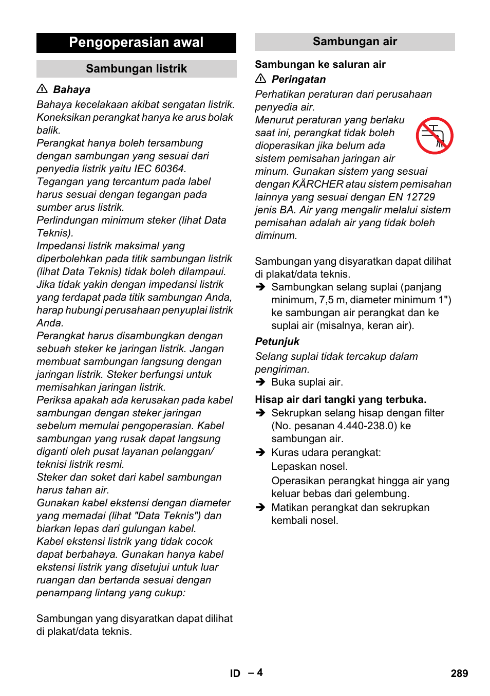 Pengoperasian awal | Karcher HD 13-18 S Plus User Manual | Page 289 / 300