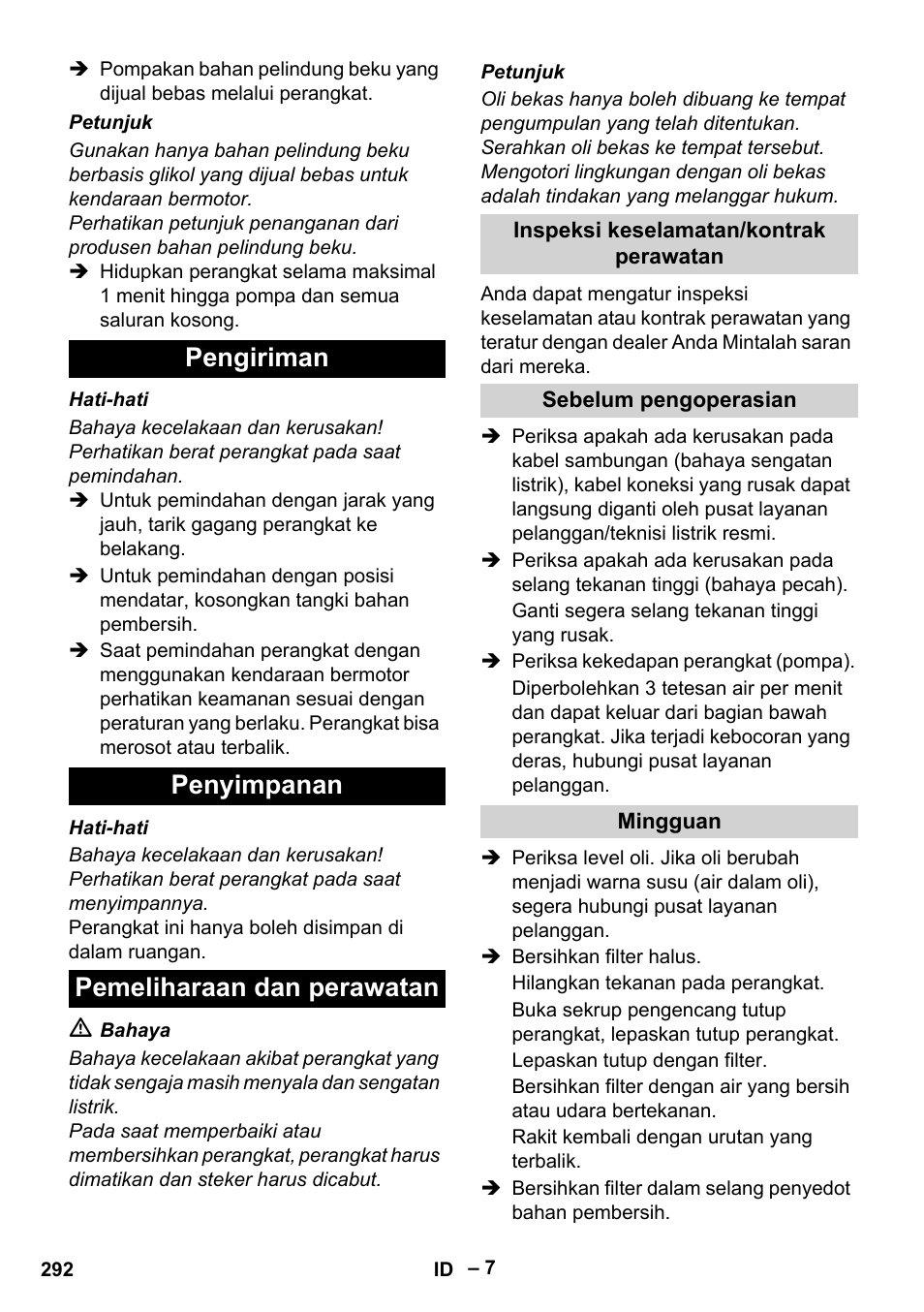 Pengiriman penyimpanan pemeliharaan dan perawatan | Karcher HD 13-18 S Plus User Manual | Page 292 / 300