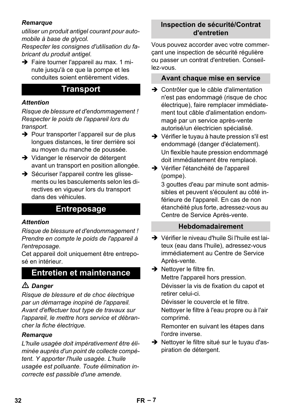 Transport entreposage entretien et maintenance | Karcher HD 13-18 S Plus User Manual | Page 32 / 300