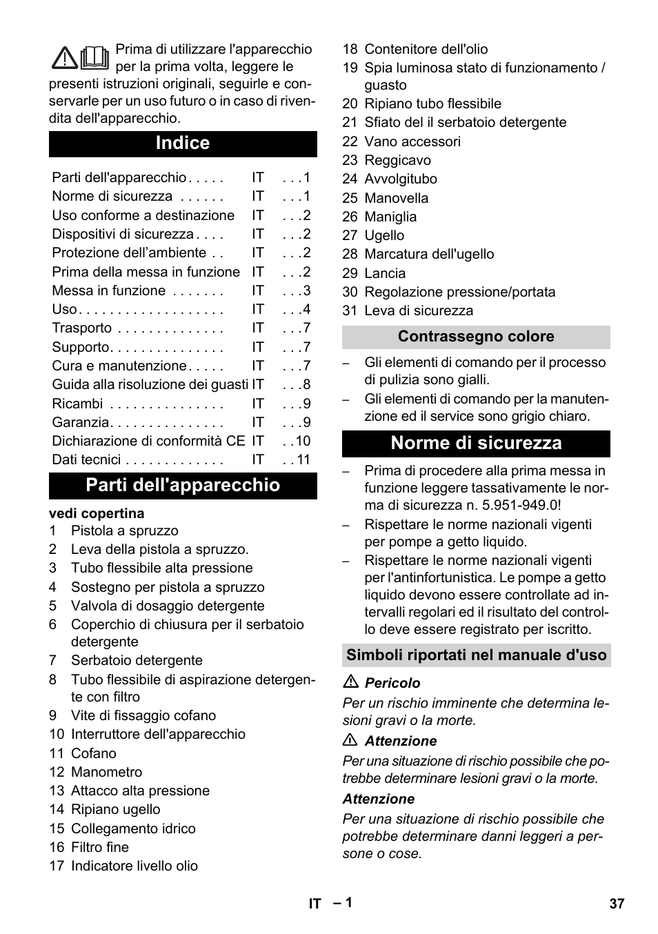 Italiano, Indice, Parti dell'apparecchio | Norme di sicurezza | Karcher HD 13-18 S Plus User Manual | Page 37 / 300