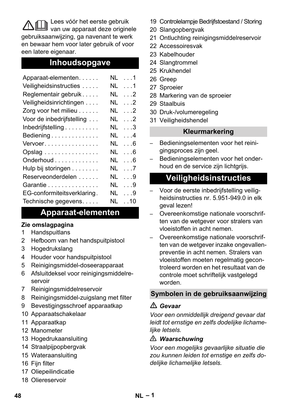 Nederlands, Inhoudsopgave, Apparaat-elementen | Veiligheidsinstructies | Karcher HD 13-18 S Plus User Manual | Page 48 / 300