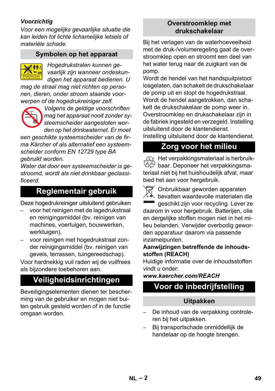 Reglementair gebruik veiligheidsinrichtingen, Zorg voor het milieu voor de inbedrijfstelling | Karcher HD 13-18 S Plus User Manual | Page 49 / 300