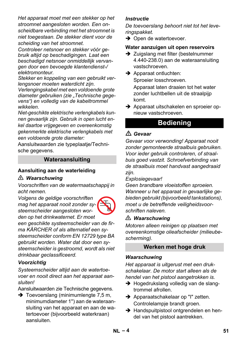 Bediening | Karcher HD 13-18 S Plus User Manual | Page 51 / 300