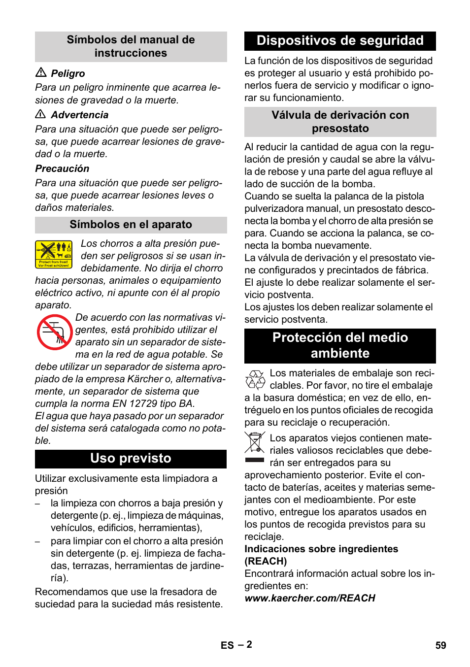 Uso previsto dispositivos de seguridad, Protección del medio ambiente | Karcher HD 13-18 S Plus User Manual | Page 59 / 300