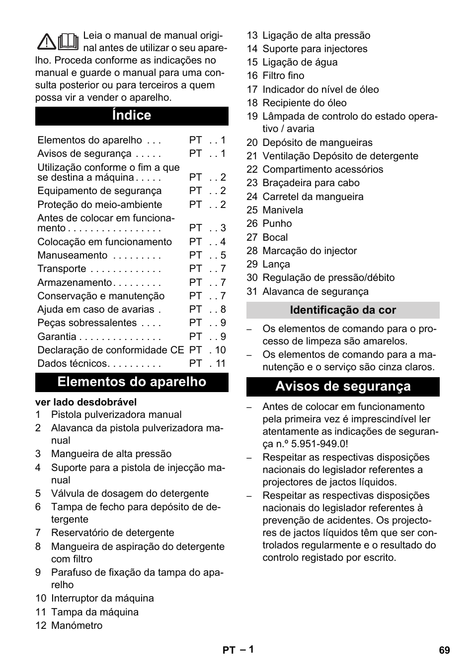 Português, Índice, Elementos do aparelho | Avisos de segurança | Karcher HD 13-18 S Plus User Manual | Page 69 / 300